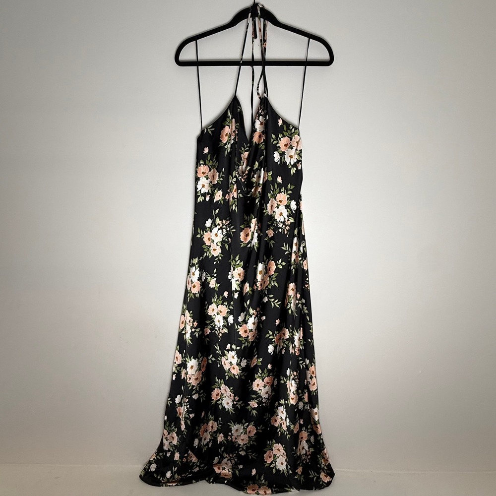 Old Navy The Occasion Black Floral Satin Cowl Halter Maxi Dress 2X 759358-01